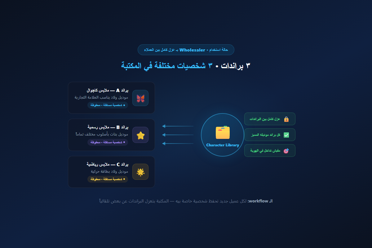 حالة استخدام Wholesaler — ٣ براندات مختلفة كل منها بشخصية مستقلة في مكتبة الشخصيات