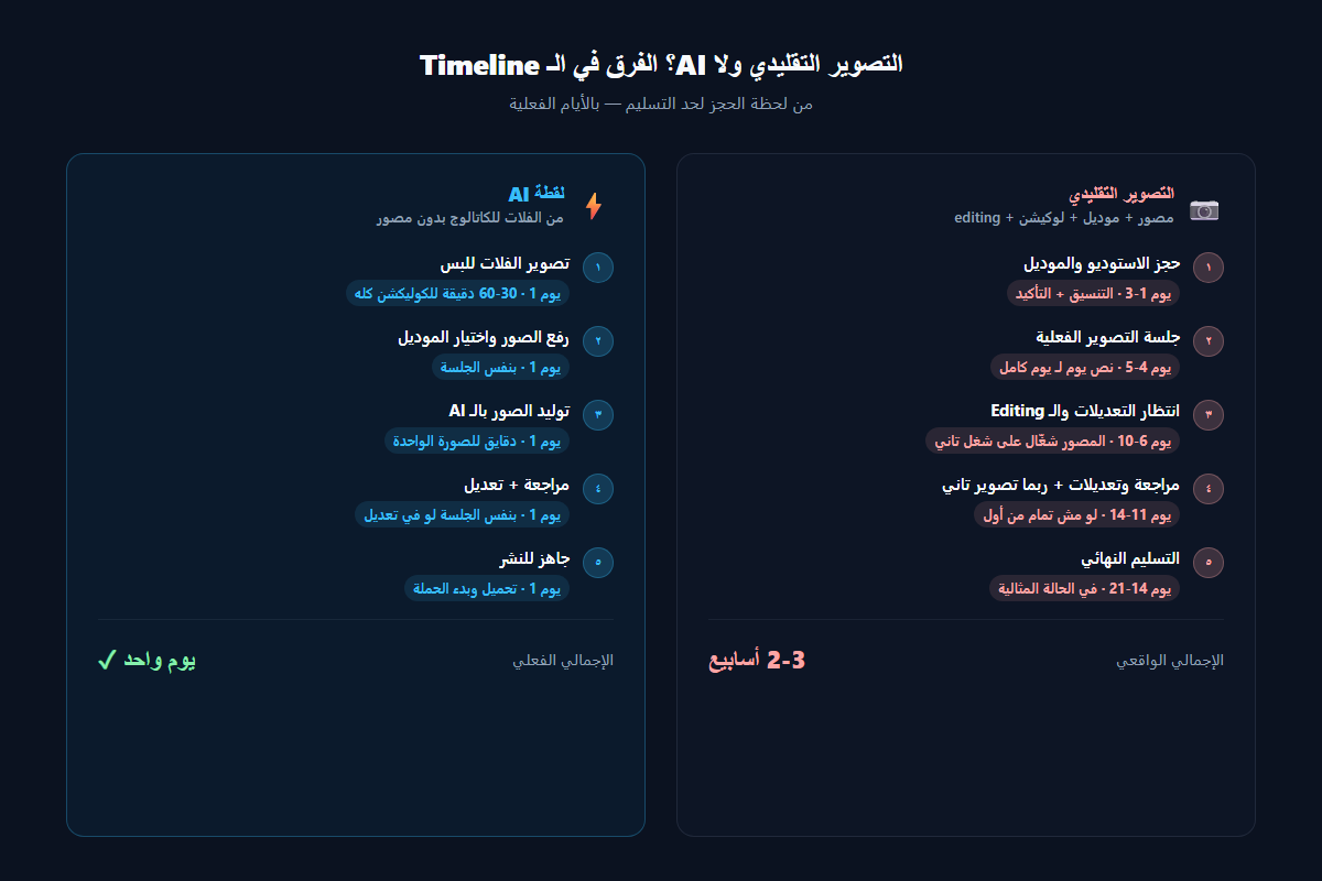 مقارنة timeline التصوير التقليدي (2-3 أسابيع) مقابل لقطة AI (يوم واحد) — خطوة بخطوة