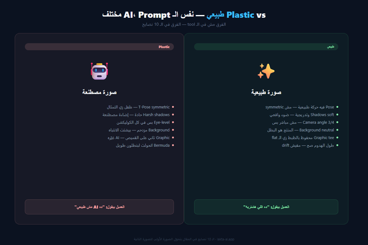 مقارنة بين صور AI مصطنعة (plastic) وصور AI طبيعية بعد تطبيق الـ 10 نصايح