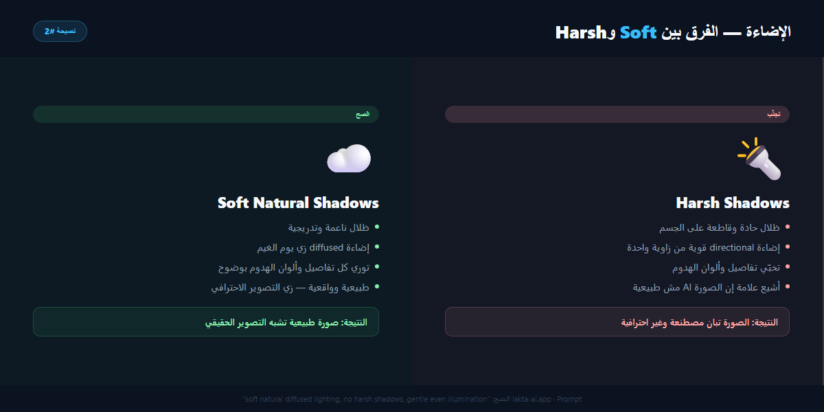 مقارنة بصرية بين الـ harsh shadows المصطنعة في صور AI مقابل الـ soft natural shadows الطبيعية
